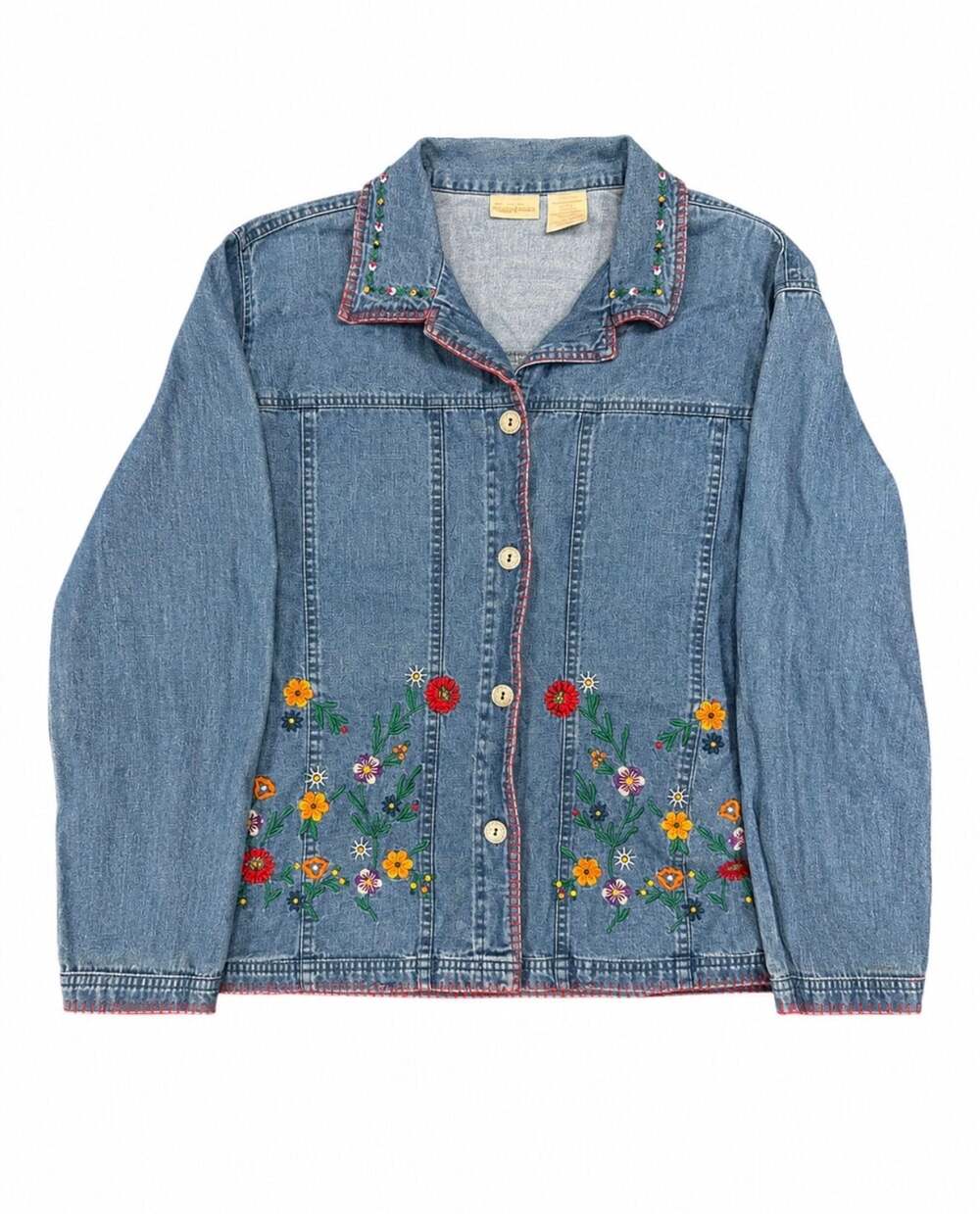 Vintage Bobbie Brooks Womens Blue Denim Jacket Floral Embroidered XL